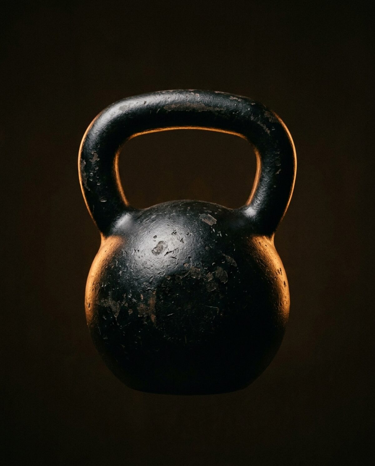 A worn cast-iron competition kettlebell lit against a dark background