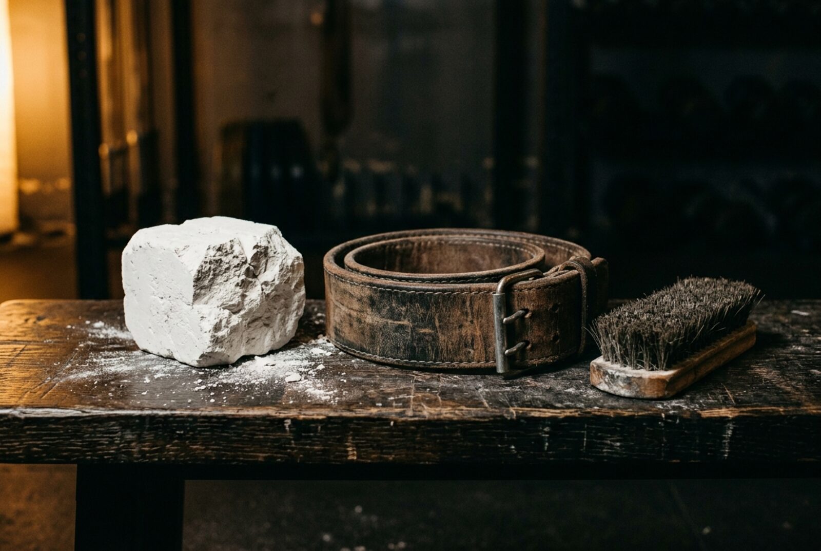A block of lifting chalk, a worn leather belt and a brush on dark wood