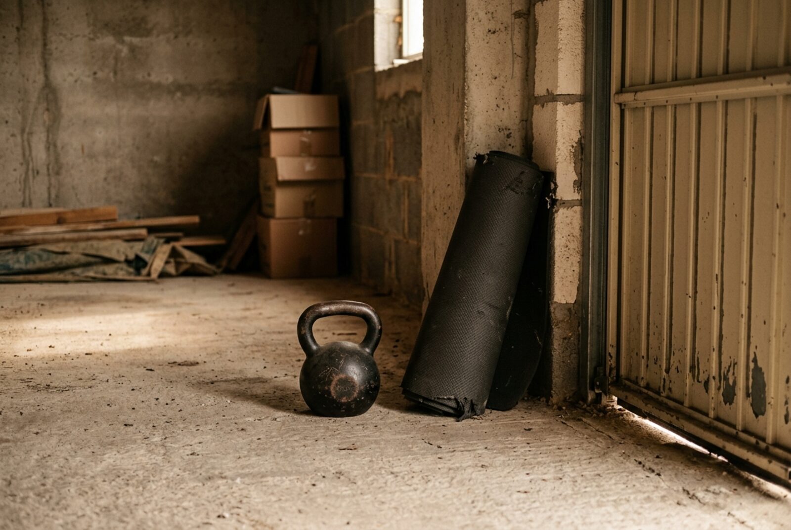 A single kettlebell and a rolled mat in a plain concrete training space