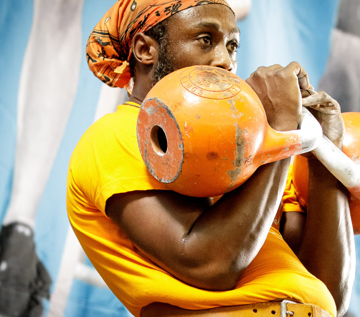 Competition kettlebells on the platform
