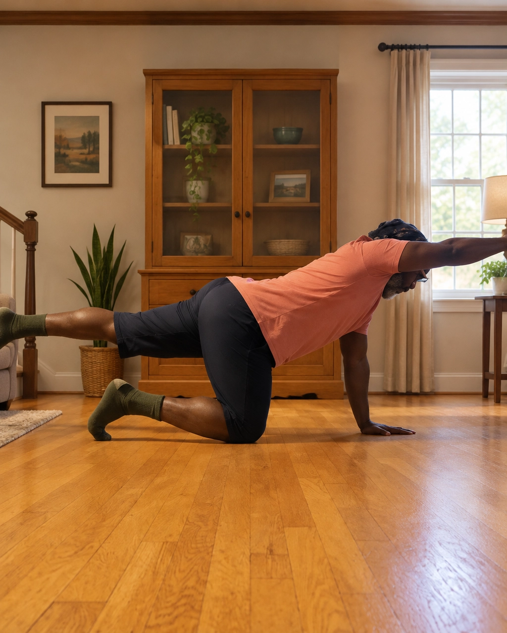 Irvin Charleston in full bird-dog, right leg extended back and left arm reaching forward