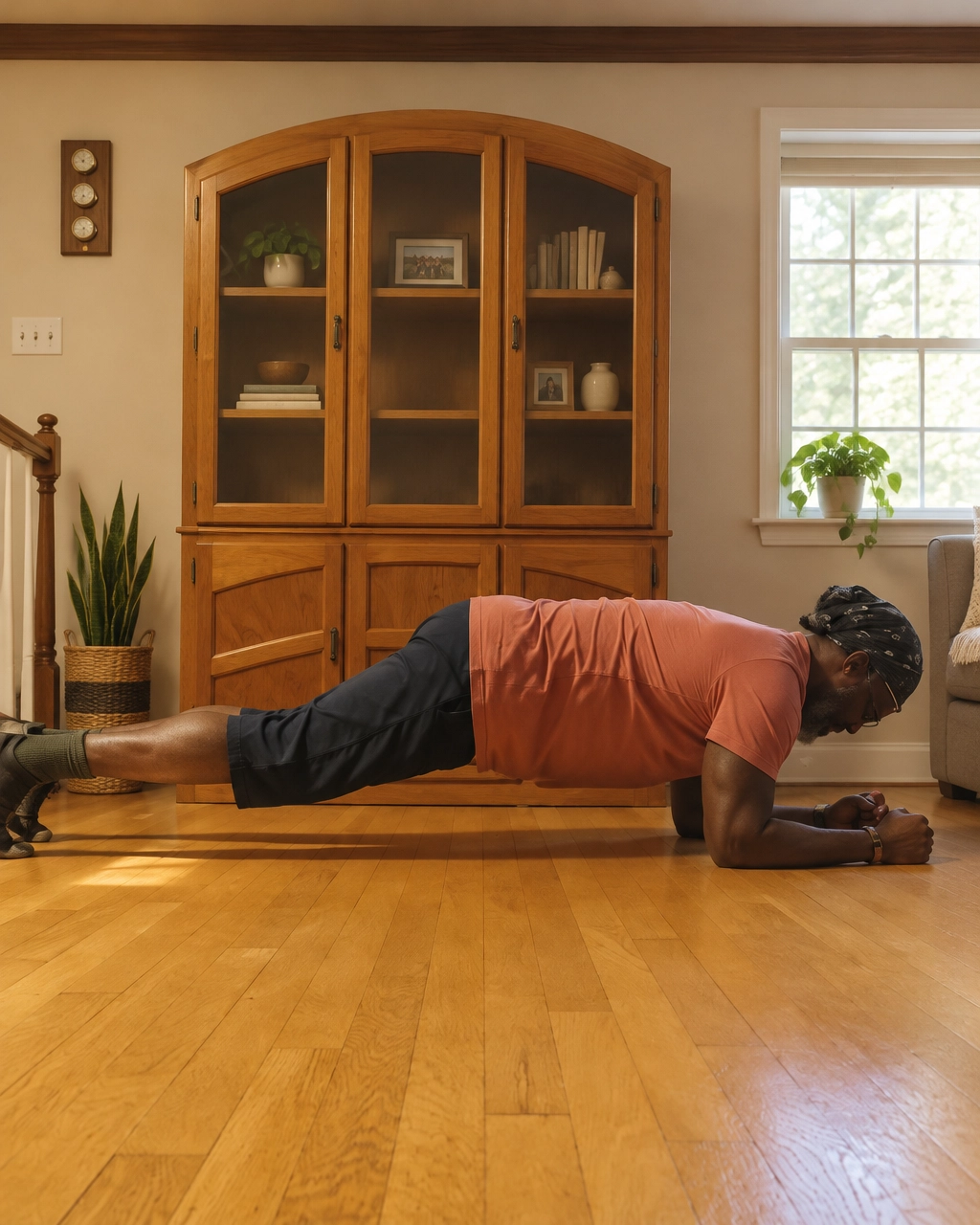 Irvin Charleston holding a plank in his living room