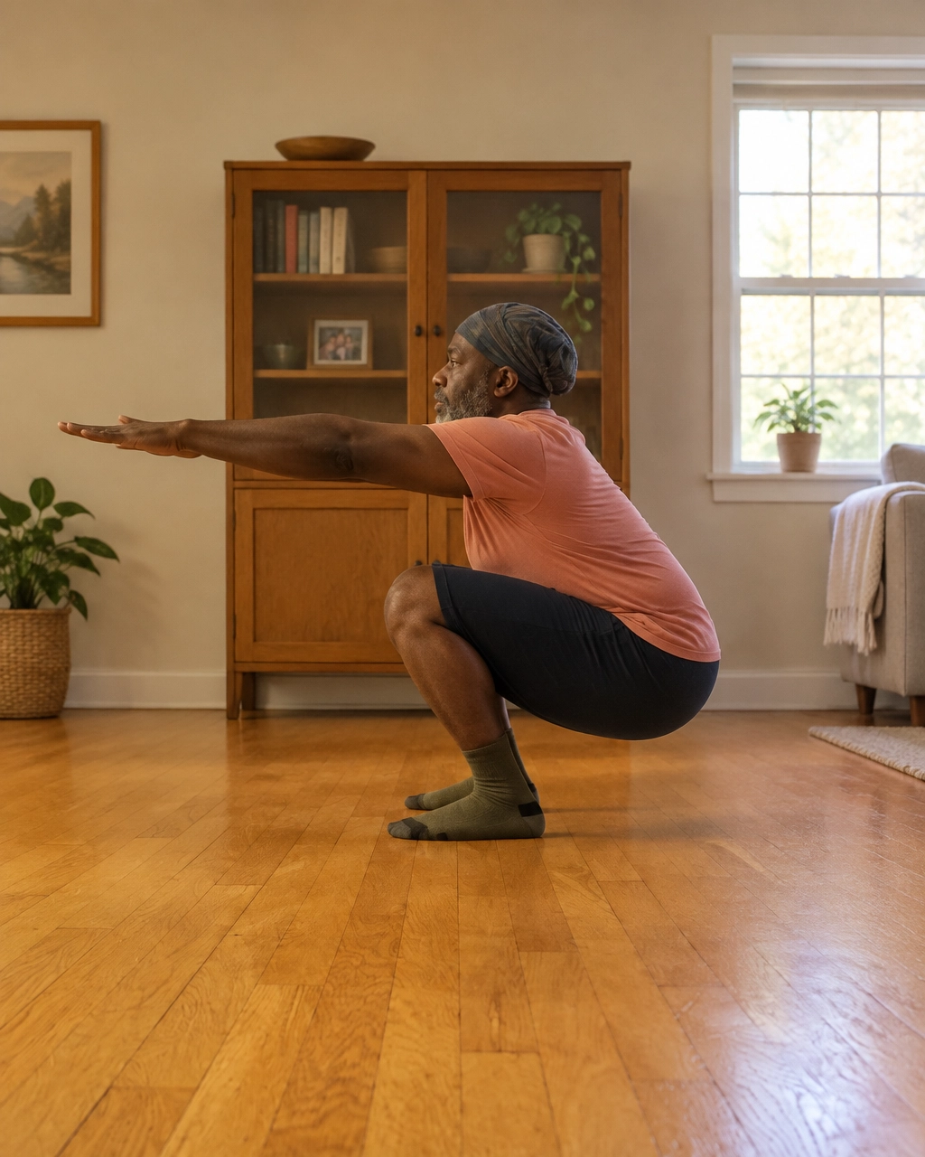 Irvin Charleston holding a deep squat in his living room