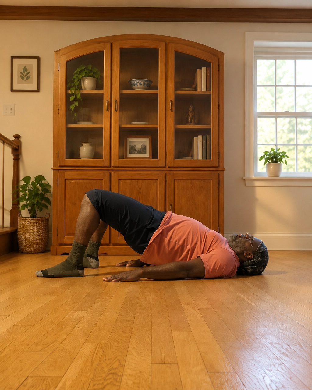 Irvin Charleston doing a glute bridge in his living room